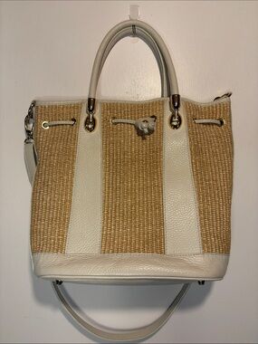 Valentina Genuine Made In Italy Raffia White Leather Drawstring Bucket Bag Strap
